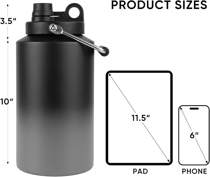 Kerilyn Insulated Gallon Jug with Handle, One Gallon, 128oz Stainless Steel, Large Double Vacuum Water Bottle for Hot & Cold Drinks, Wide Mouth, Sweat Proof, Great for Travel, Camping, Grey Gradient-FlexoryFit