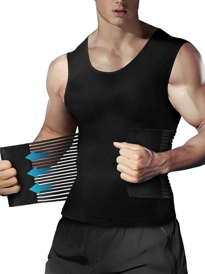 Odoland Men Body Shaper Compression Shirt, Adjustable Velcro Waist Trimmer Belt Intensity, Slimming Shapewear Tummy Control-FlexoryFit