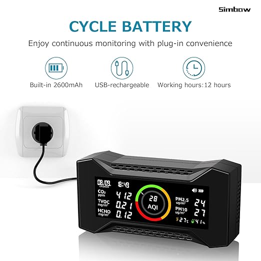 Air Quality Monitor Indoor, Simbow CF-20 DL 7-in-1 Wildfire Monitor Detect (PM2.5, PM10, CO2, VOC, Formaldehyde, Humidity, Temp) Free Data Export, Air Quality Meter for Home Office School