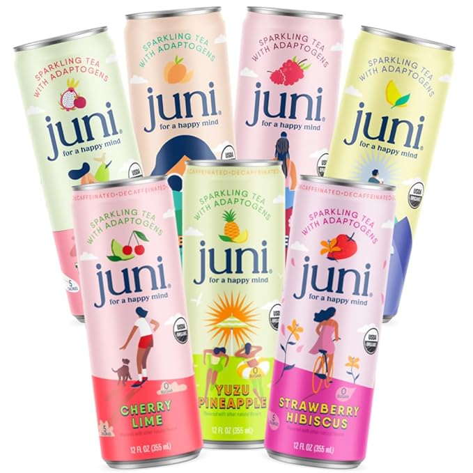 Juni Sparkling Adaptogen Drink with Ashwagandha, Lion's Mane & Reishi Mushrooms | Green Tea for Focus | Zero Sugar, 5 Calories | All Flavors 24-Pack-FlexoryFit
