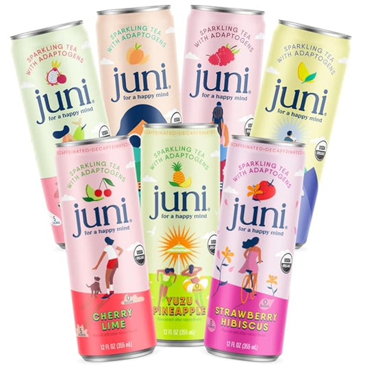 Juni Sparkling Adaptogen Drink with Ashwagandha, Lion's Mane & Reishi Mushrooms | Green Tea for Focus | Zero Sugar, 5 Calories | All Flavors 24-Pack-FlexoryFit