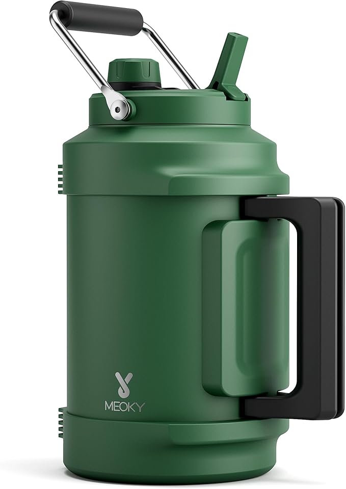 1 Gallon Insulated Water Bottle for Hiking: Meoky 128 oz Triple Wall Vacuum Stainless Steel Metal Water Jug - Top and Side Handles, Cold for 48 Hrs, 2-in-1 Straw and Spout Lid, Leakproof for Gym (Fir)-FlexoryFit