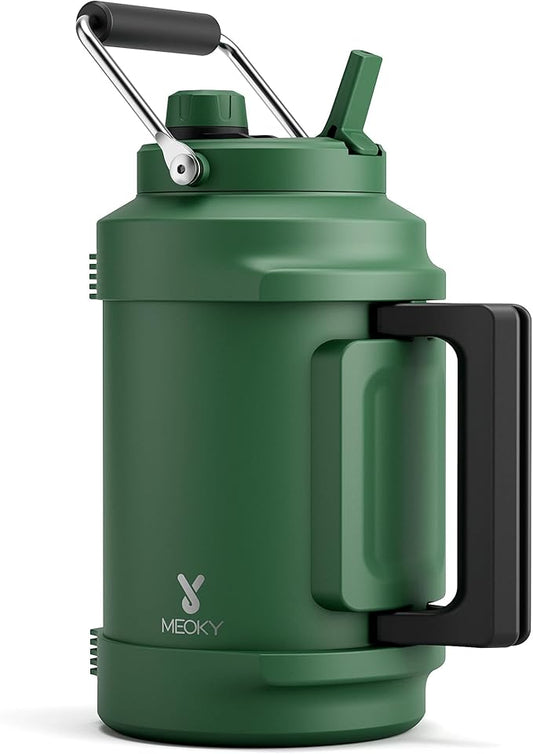 1 Gallon Insulated Water Bottle for Hiking: Meoky 128 oz Triple Wall Vacuum Stainless Steel Metal Water Jug - Top and Side Handles, Cold for 48 Hrs, 2-in-1 Straw and Spout Lid, Leakproof for Gym (Fir)-FlexoryFit