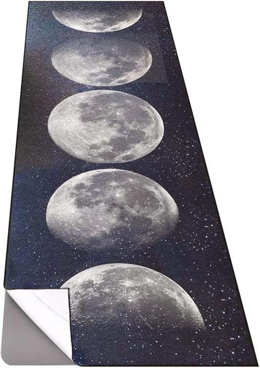 QiyI Yoga Mat Towel with Corner Pockets, Non Slip Sweat Absorbent Hot Yoga Towels, Soft Yoga Blankets with Travel Bag, Skidless Mat Cover for Workout, Gym, Fitness - 74"x26", Moon Cycle-FlexoryFit