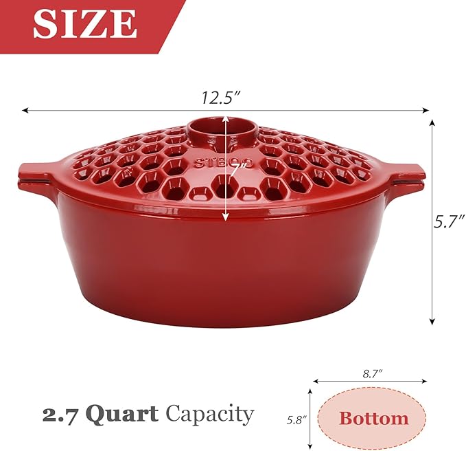 STBoo Wood Stove Steamer: Cast Iron Fireplace Humidifier | Indoor Pot for Home Heating | Bowl Fireplace Stove Covers Accessories Decorative | Matte Finish & Rust Resistan & 2.7 Quart, Red