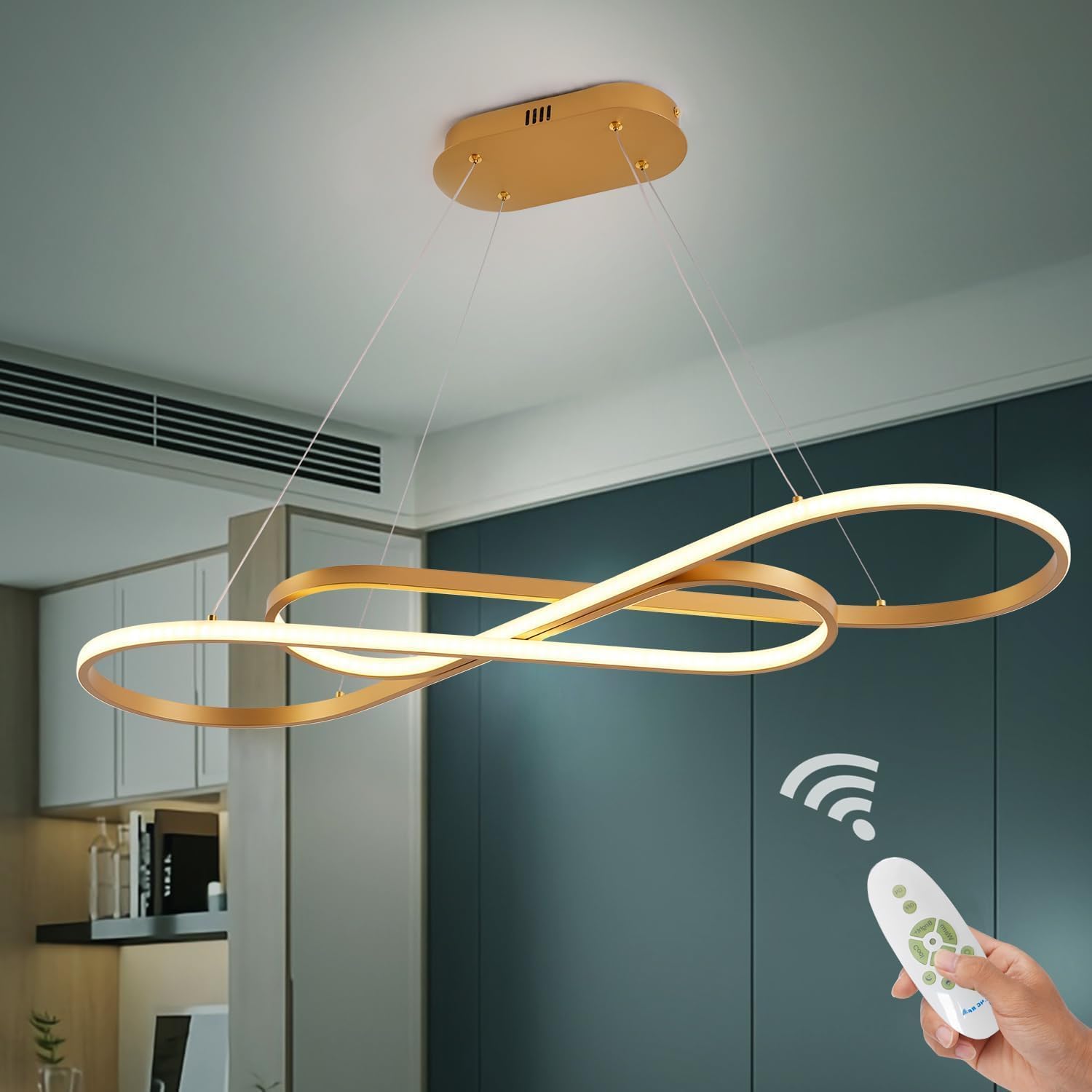 Gold Led Chandeliers for Dining Room Light Fixture Modern Led Pendant Light Kitchen Island Lighting for Kitchen Island Chandelier Over Table, Dimmable Adjustable Height Pendant Light Ceiling Hanging