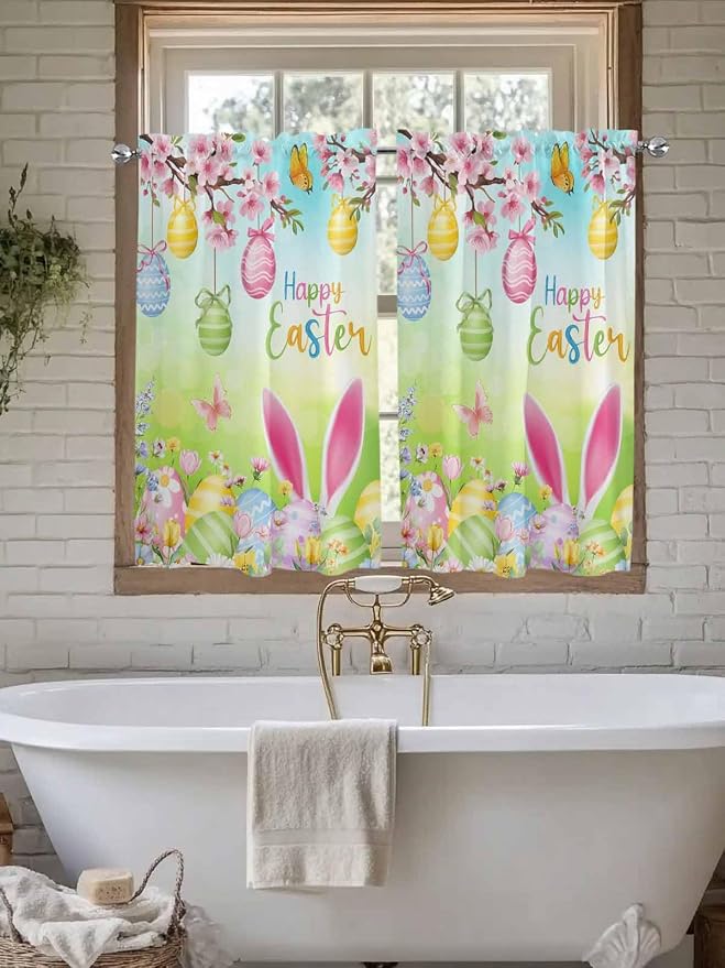 Easter Kitchen Curtains 45 Inches length, Spring Bunny Colorful Rabbit Eggs - Image 7