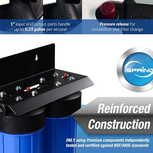 iSpring WGB21BM 2-Stage Whole House Water Filtration System, 10” x 4.5” Carbon Block and Iron & Manganese Reducing Filters, 1" Ports