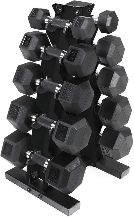 WF Athletic Supply Rubber Encased Hex Dumbbells with Rubber Grip Contoured Handle for Muscle Toning, Strength Building & Full Body Workout-FlexoryFit