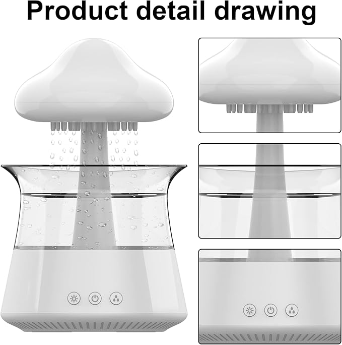 Cloud Rain Humidifier for bedroom with Soothing Rain Sounds - Bedroom Sleep Aid, Waterfall Night Light, Mushroom Design Air Moisturizer for bedroom and living room (White)