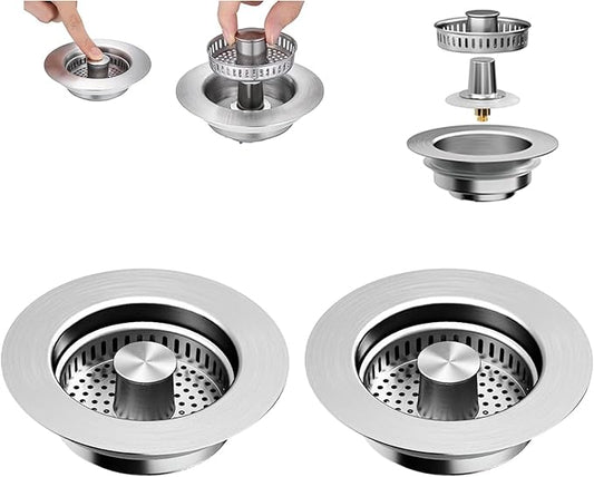 Upgraded 3-in-1 Kitchen Sink Drain Strainer Stopper 2025|Rust-Proof Strainer Basket |Universal Fit for Standard 3.5" Drains |Anti-Clog&Odor Filter |Efficient Drainage (Stainless Steel, 2 PCS)