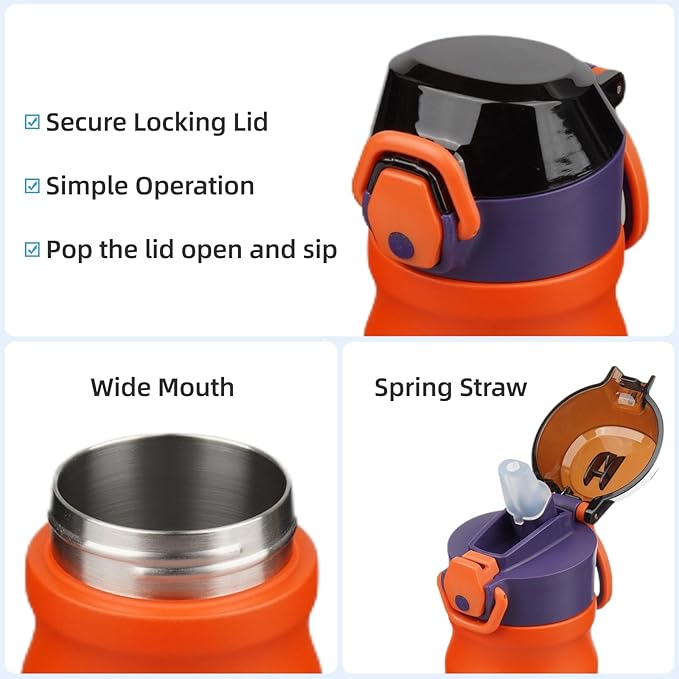 Insulated Water Bottle with Straw and Carry Loop,18 oz Stainless Steel Double Wall Vaccum Metal Water Flask with Leak-proof Lid,Orange-FlexoryFit