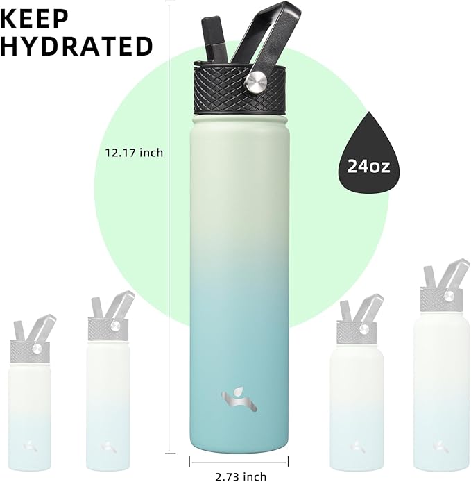 Insulated Water Bottle 24oz Stainless Steel Sport Bottles with 3 Lids,Mint-FlexoryFit