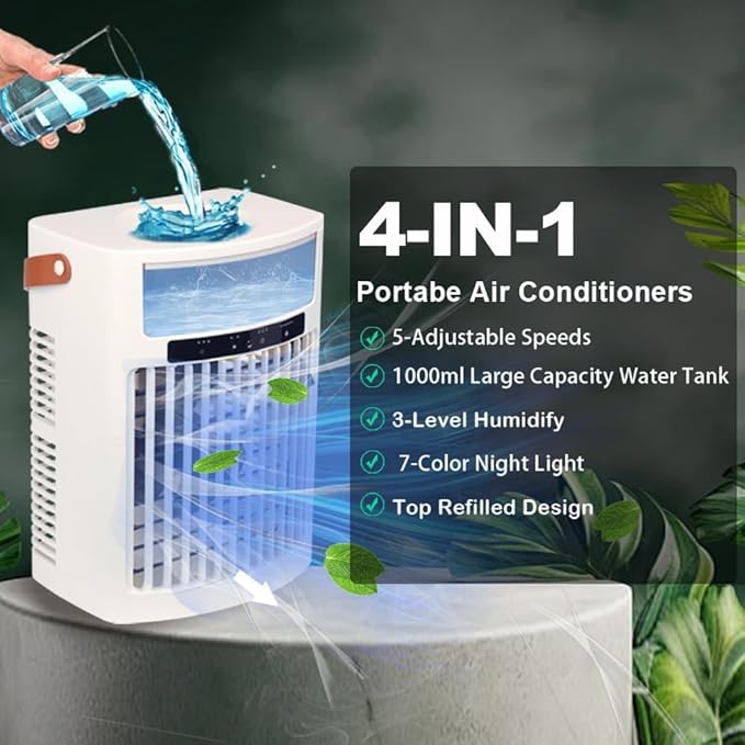 Portable Air Conditioners, air cooler, 1000ML Cooling fan Air Conditioner, 5 Wind Speed & 7 LED Light, 3 Cool Mist& 2/4/6 Timer, USB Cooling Fan for home office outdoor