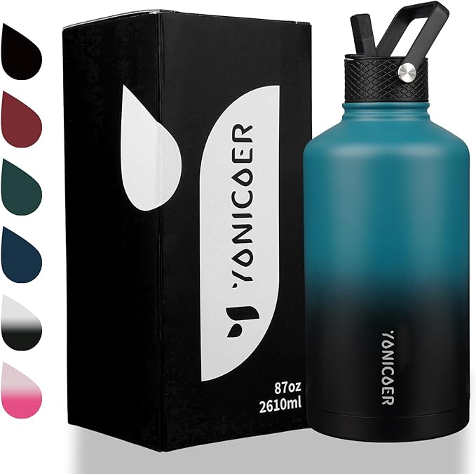 Insulated Water Bottle 64oz,Triple Wall Vacuum Stainless Steel(Dishwasher Safe),Leak Proof & Non-BPA,Flask Jug with Paracord Handle & Straw Spout Lids Sports-FlexoryFit