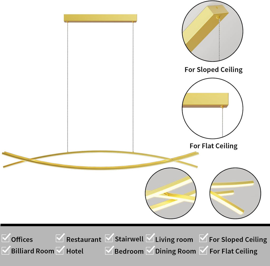 Modern LED Pendant Lights, 47in Gold Chandelier Dimmable with Remote Control 3000k-6000K Adjustable Color Temperature, Aluminum Island Lighting Lamp Fixture for Kitchen, Dining Room
