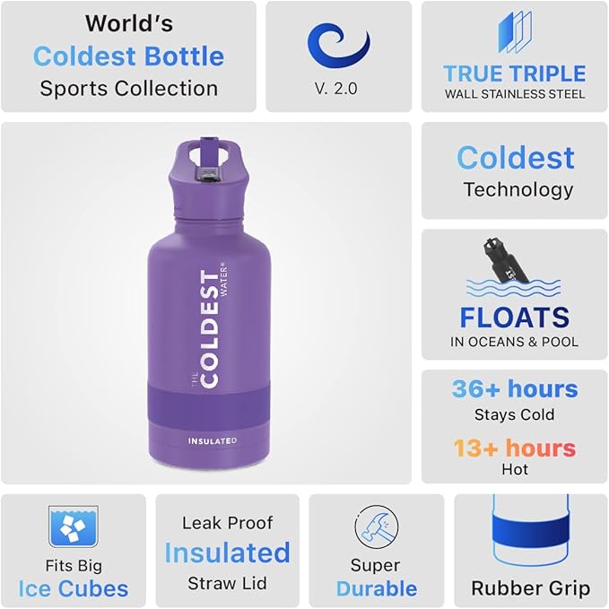 Coldest Insulated Water Bottle with Straw Lid - Stainless Steel Metal Insulated Bottle for Men & Women (Galaxy Purple, 64 oz)