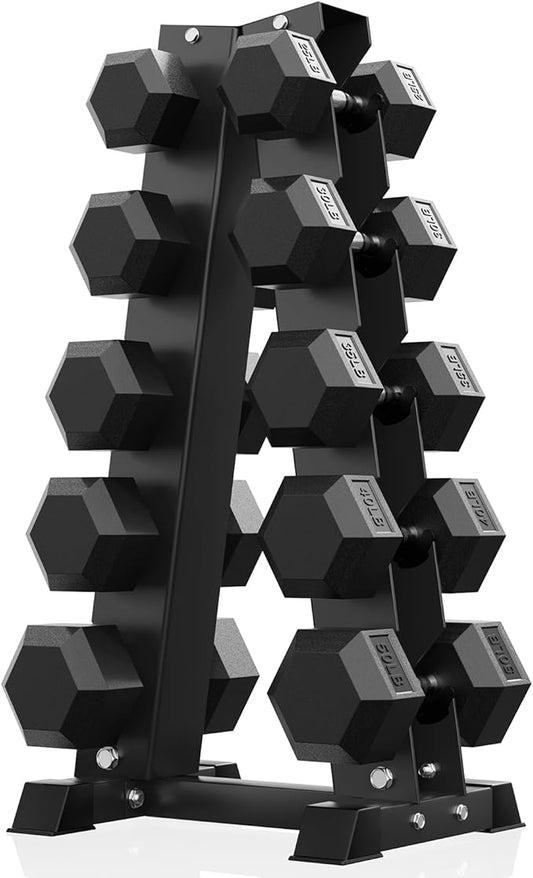 PAPABABE Hex Dumbbell Sets with Rack, 60-550lb Rubber Coated Dumbbell Weight Set and Storage Rack, Multiple Options Hand Weights for Strength Training-FlexoryFit