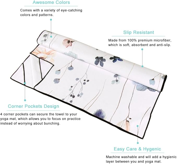QiyI Floral Yoga Mat Towel with Corner Pockets, Non Slip Sweat Absorbent Hot Yoga Towels, Soft Yoga Blankets with Travel Bag, Mat Cover for Workout, Gym, Fitness - 70"x26", Watercolor Flowers-FlexoryFit
