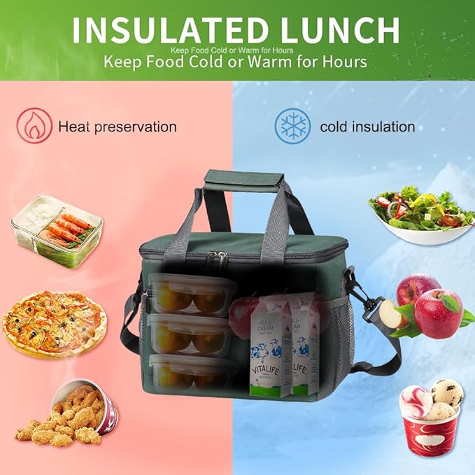 iknoe Large Foldable Cooler Bag, 8.5L Insulated Lunch Bag, Leakproof Lunch Cooler Tote with Multi-Bag Design Suitable for Beach, Picnic and Office Use, Grayish Green 15-Can-FlexoryFit