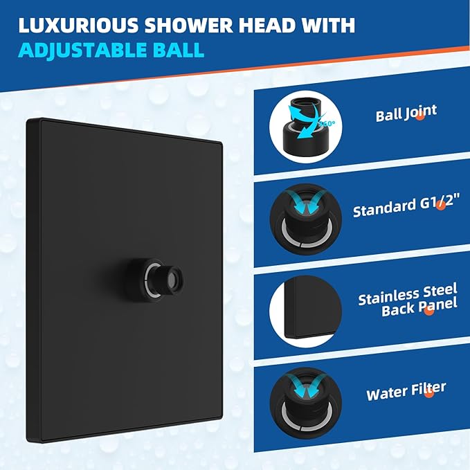 Hibbent Thickness Metal Rain Shower Head, 12 Inch High Pressure Shower Heads, Square Large Bathroom Rainfall Shower Head with Adjustable Brass Ball Joint, Waterfall Full Body Coverage, Matte Black