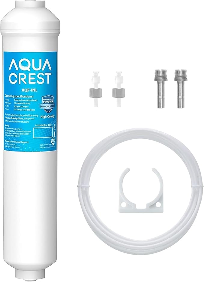 AQUA CREST 5 Years Capacity -Inline Water Filter for Refrigerator with 1/4-Inch Direct Connect Fittings, Idea for Ice Maker, RV, Refrigerator, RO System, In Line Water Line Filter, Reduces PFAS/PFOA