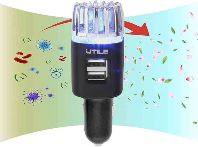 UTILE Car Ionizer Odor Eliminator Purifier with Dual USB Car Charger – Ionic Air Freshener| 2.1A/0.8W USB Charging for Phone, Tablet and Other Devices (Copper, Pack of 1)