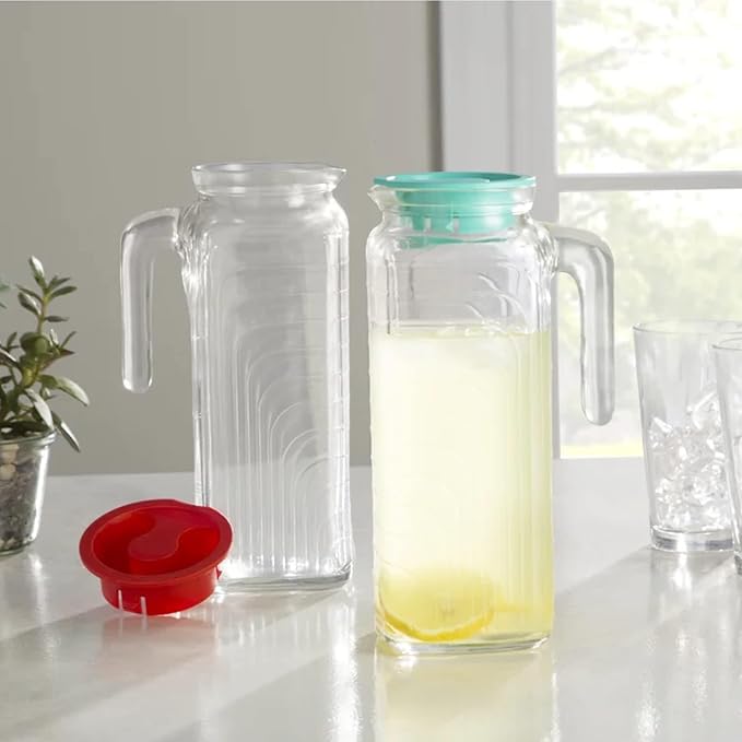 Bormioli Rocco Gelo Glass Jugs with Handle & Spout - Set of 2, 41 Oz. Pitchers for Juice, Water, Milk & Lemonade - Italian Drinkware for Family Dining, Parties, Picnics, BBQs, Outdoor Entertaining