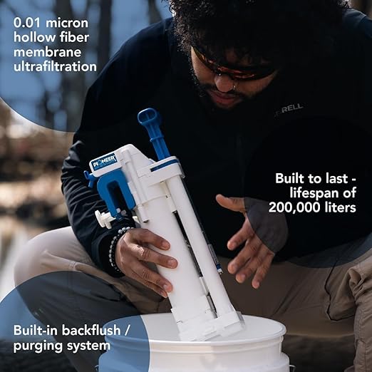 Outdoor Water Filtration System. Bucket Pump Purifier Produces Clean Water for Backpacking, Survival, Hiking - Emergency Filter
