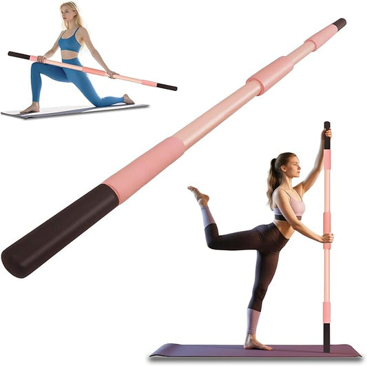 Pink Yoga Stick 58 Inch - Alloy Steel Stretching, Mobility & Exercise Stick with Neck & Hand Pads, Shoulder Flexibility Tool for Yoga, Pilates & Home Gym Workouts-FlexoryFit