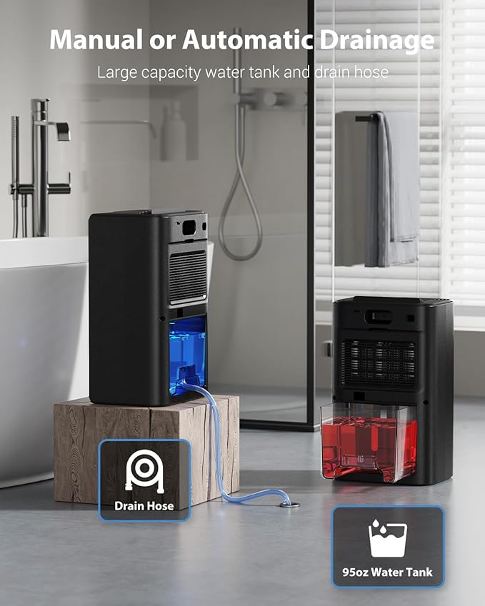 Dehumidifiers for Home, 850 sq.ft 95oz Dehumidifier with Drain Hose Timer Sleep Mode Auto-Off 7 Colors Light, Dehumidifier for Bedroom Bathroom Basements RV Black