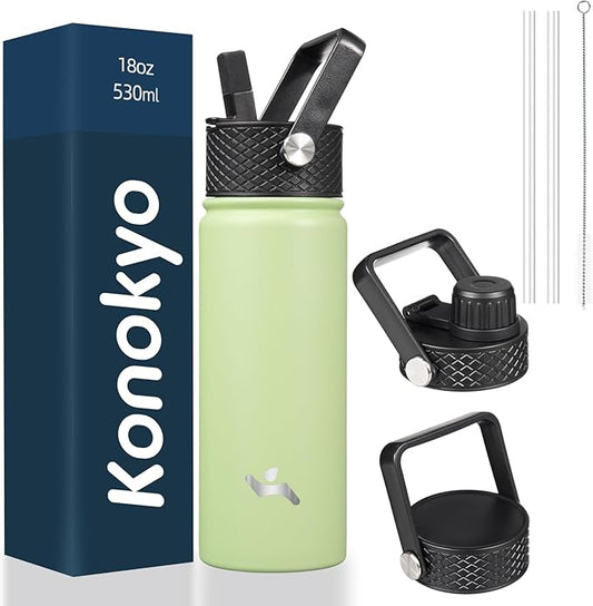 18 oz Insulated Water Bottle Stainless Steel Sport Bottles with 3 Lids,Macaron Green-FlexoryFit