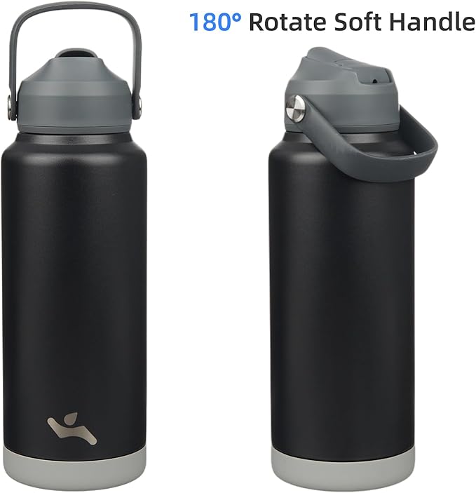Insulated Water Bottle with Straw Lid,32 oz Stainless Steel Vacuum Metal Bottle with Silicone Handle,Black-FlexoryFit