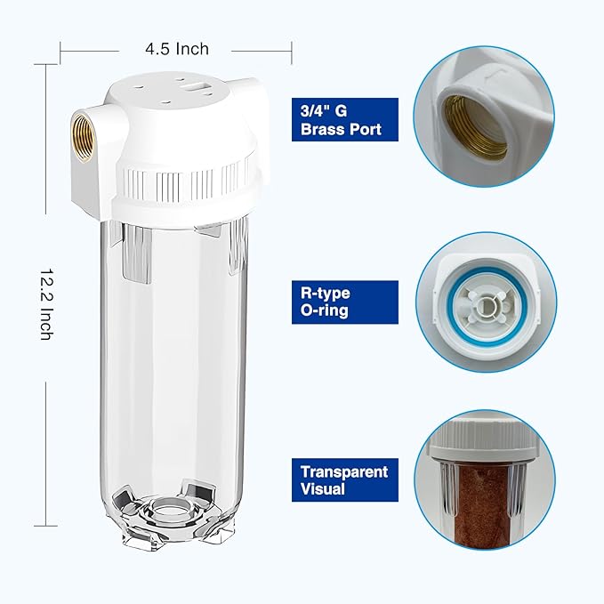 Whole House/RV Water Filter Housing Clear, 10" X 2.5" Inline Sediment Water Filter for RV, Home, Garden, Aquarium, 3/4" G Brass Port, R-Type O-Ring, Heavy Duty Bracket, with PP Filter - 1025CBP