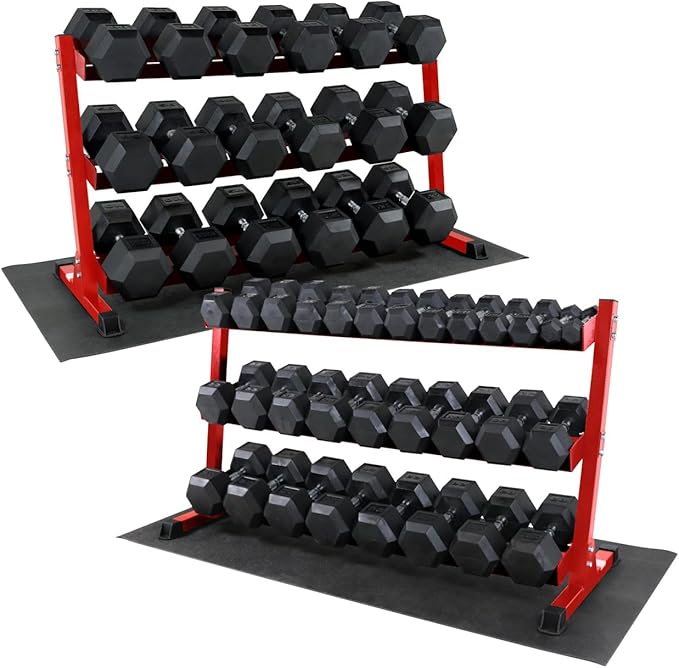 WF Athletic Supply Rubber Coated Hex Dumbbell Set, Multiple Choices Available - Dumbbells with Rack Stand and Mat, or Dumbbells Only (200/550/1200/2100/3000 LB)-FlexoryFit