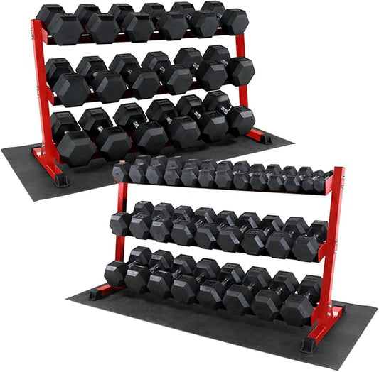 WF Athletic Supply Rubber Coated Hex Dumbbell Set, Multiple Choices Available - Dumbbells with Rack Stand and Mat, or Dumbbells Only (200/550/1200/2100/3000 LB)-FlexoryFit