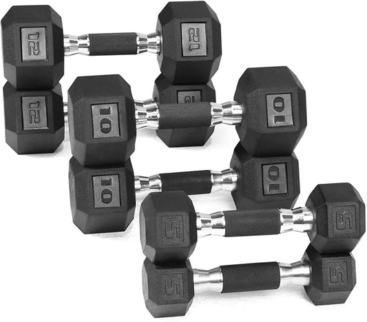 WF Athletic Supply Rubber Encased Hex Dumbbells with Rubber Grip Contoured Handle for Muscle Toning, Strength Building & Full Body Workout-FlexoryFit