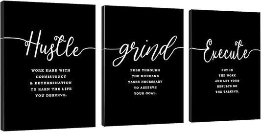 Hustle Quotes Execute Prints, Framed Canvas Wall Art Success Quote, Office Wall Art, Black Large Poster, Positive Motivational Set of 3 Prints, Boss Gift (F-3pcs,20x30inchx3pcs)