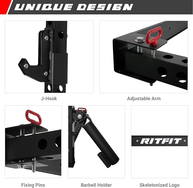 RitFit Multi-Functional Folding Squat Rack for Home Gym, 2.36'' x 2.36'' Wall Mounted Squat Rack with Attachments - Space Saving Squat Power Rack-FlexoryFit