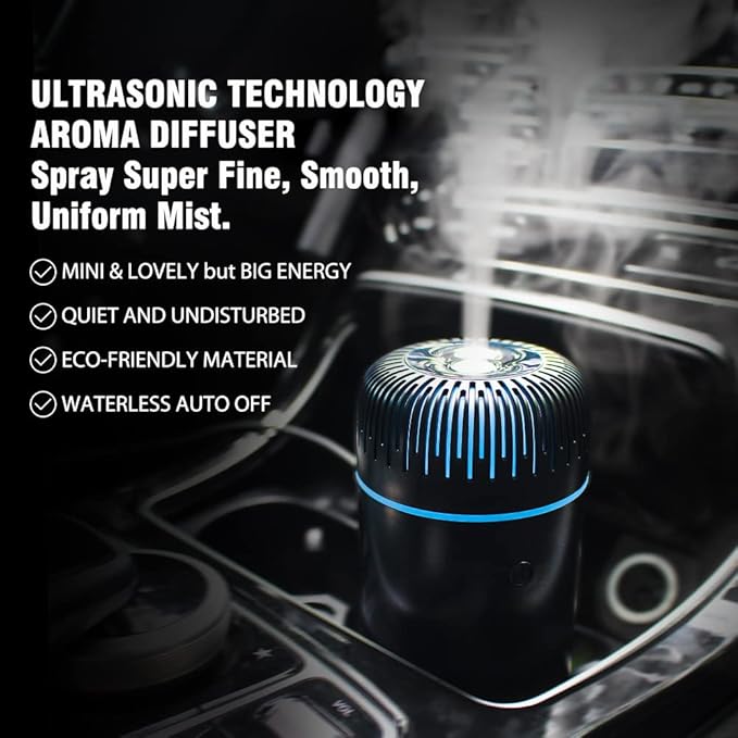 Unee Car Diffusers – 100ml USB Mini Aromatherapy & Humidifier & Car Air Freshener for Essential Oils, Portable Auto & Home Use (Black)