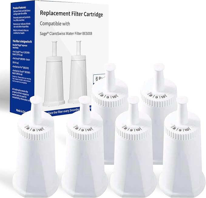 6 Pack Breville Bes880 Water Filter Replacement,Compatible with Breville Sage Oracle Touch,Barista,Claro Swiss,BES878,Bes920,Bes008 Espresso Coffee Machine,Replaces Part #BES008WHT0NUC1
