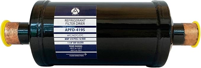 Appli Parts APFD-419S 1-1/8 in Liquid Line Refrigerant AC Filter Drier hvac Refrigeration 419S ODF Sweat Solder connection universal unidirectional 10-1/2 in long 3-3/4 in wide