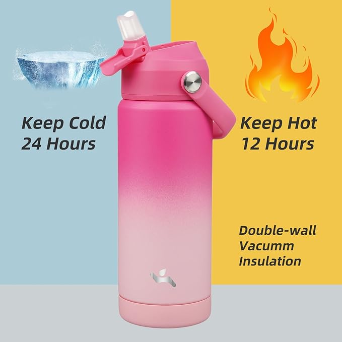 Insulated Water Bottle with Straw Lid,18 oz Stainless Steel Vacuum Metal Bottle with Silicone Handle,Cherry Blossom-FlexoryFit