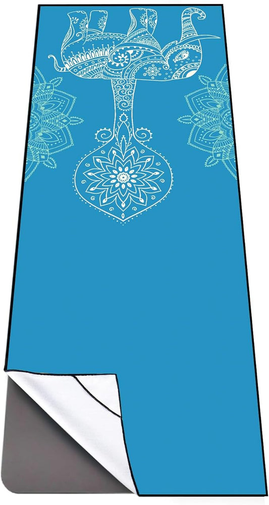 QiyI Yoga Mat Towel with Corner Pockets, Non Slip Sweat Absorbent Hot Yoga Towels, Soft Yoga Blankets with Travel Bag, Skidless Mat Cover for Workout, Gym, Fitness - 70"x26", Blue Mandala Elephant-FlexoryFit