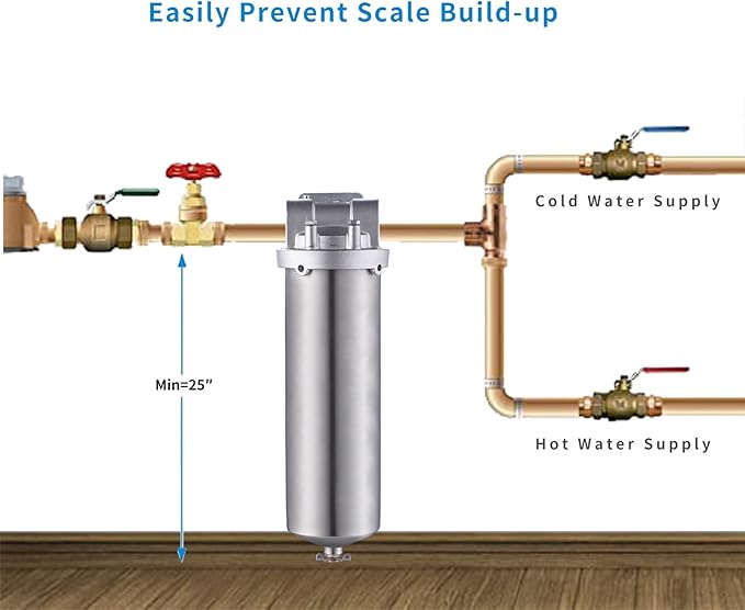 Amwater NSF/ANSI 42 Certification Stainless Steel Filter Housing for 20" Filter Cartridge, 1" NPT Water Filter Housing for Whole House Water Purification of Stainless Steel 304