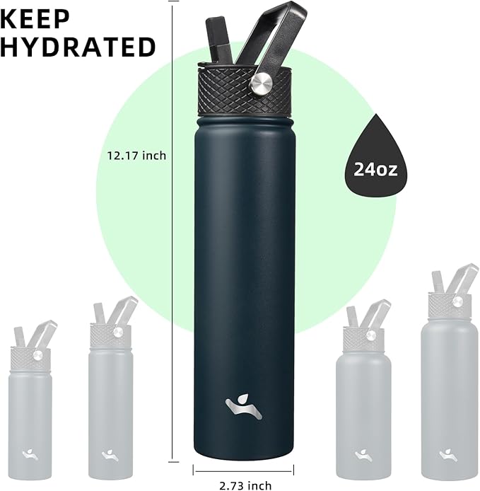 Insulated Water Bottle 24oz Stainless Steel Sport Bottles with 3 Lids,Navy Blue-FlexoryFit