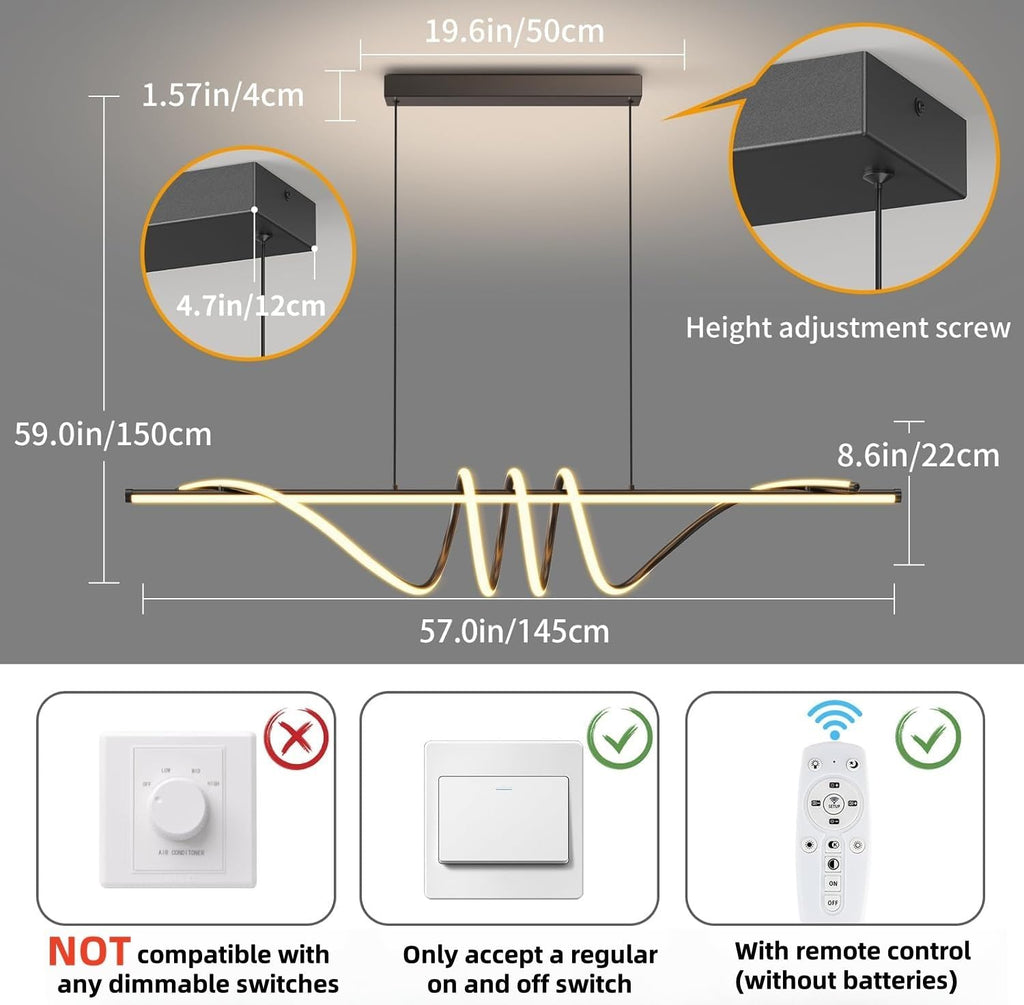 Modern LED Pendant Lights, Ceiling Chandelier Dimmable with Remote Control 3000k-6000K Adjustable Color Temperature, Aluminum Island Lighting Lamp Fixture for Kitchen, Dining Room(57in Black)