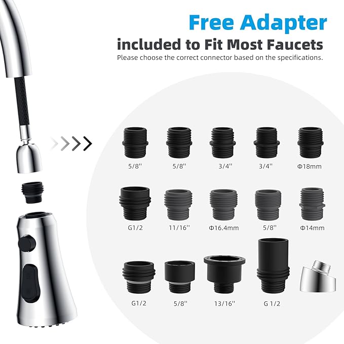 Hibbent Pull Down Kitchen Faucet Head Replacement, 3-Function NSF/ANSI/CAN 61 & CUPC Certified Sink Spray Nozzle, 15 Adapters, Compatible with Moen, Delta, Kohler Faucets, Chrome (Shiny Silver)