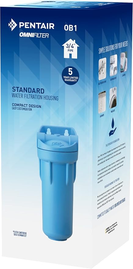 Pentair OMNIFilter OB1 Filter Housing, 10" Standard Opaque Sump Water Filter Housing with Integral Mounting Bracket and 3/4" NPT Inlet, Includes Housing, Mounting Screws and Wrench, Blue