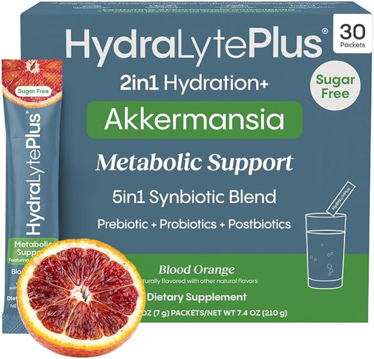 Hydralyte Plus Metabolic Support - Sugar-Free Electrolytes + Akkermansia Probiotic for Women and Men - Blend of Prebiotics and Probiotics for Digestive Support + Fiber (30 Pack, Blood Orange)-FlexoryFit